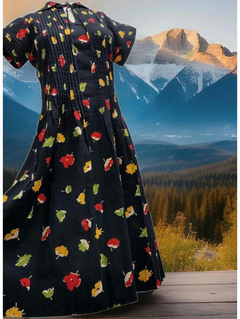 80s Designer Nipon Boutique Dress Collared Black Floral Cotton Slim S PULLOVER